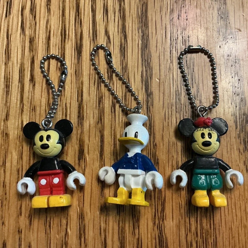 Vintage Disney Keychain Set Mickey Minnie Donald Duck Block Figure Charms 3pc